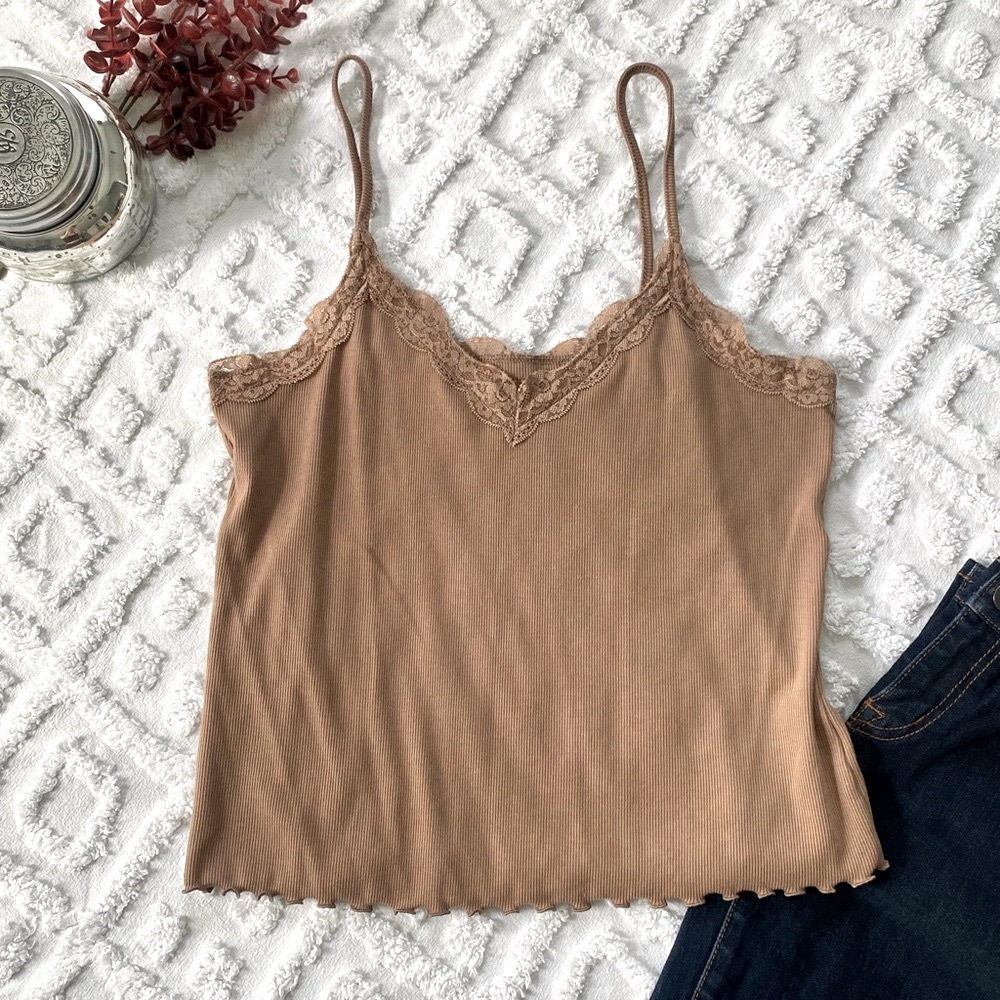 Old Navy Brown Cropped Ribbed Lace Trimmed Cami